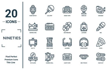 nineties linear icon set. includes thin line hand watch, sewing hine, old tv, cd player, hair clip, skateboard, pizza icons for report, presentation, diagram, web design clipart