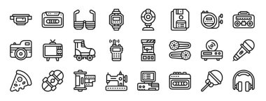 set of 24 outline web nineties icons such as belt pouch, caste tape, glasses, hand watch, webcam, floppy disk, discman vector icons for report, presentation, diagram, web design, mobile app clipart