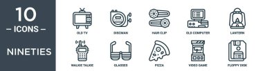nineties outline icon set includes thin line old tv, discman, hair clip, old computer, lantern, walkie talkie, glasses icons for report, presentation, diagram, web design clipart