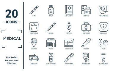 Tıbbi doğrusal simge seti. İnce çizgi bıçağı, ağırlık ölçeği, konum, ambulans, kan örneği, perfüzyon, rapor için hap ikonları, sunum, diyagram, web tasarımı