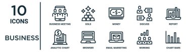 İş ana hatları simgesi seti: İnce çizgi iş toplantısı, para, rapor, tarayıcı, çalışma, grafik çubukları, rapor için analitik grafik simgeleri, sunum, diyagram, web tasarımı