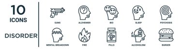 İnce çizgi silahları, biyoloji, psikoz, ateş, alkolizm, burger, rapor için zihinsel yıkım ikonları, sunum, diyagram, web tasarımı gibi düzensizlik simgeleri
