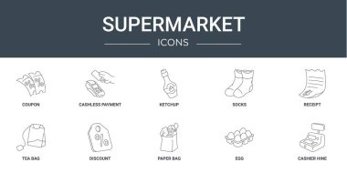 Rapor, sunum, diyagram, web tasarımı, mobil uygulama gibi 10 ana hatlı süpermarket simgesi, kupon, nakitsiz ödeme, ketçap, çorap, makbuz, çay poşeti, indirimli vektör simgeleri