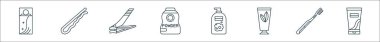 Kişisel bakım ürünleri çizgisi simgeleri. Saç spreyi, saç tokası, tırnak makası, toz, şampuan, el kremi, diş fırçası, saç kremi gibi doğrusal vektör simgeleri