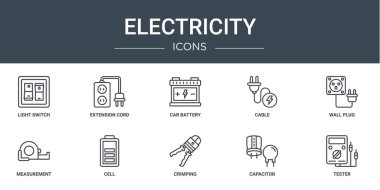 Işık anahtarı, uzatma kablosu, araba aküsü, kablo, duvar dolgusu, ölçüm, rapor için hücre vektör simgeleri, sunum, diyagram, web tasarımı, mobil uygulama gibi 10 ana hatlı elektrik simgesi kümesi