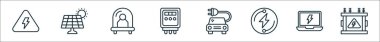 Elektrik hattı simgelerinin ana hatları. Yüksek voltaj, güneş paneli, diyot, elektrik metre, araba, elektrik, dizüstü bilgisayar, elektrik gibi doğrusal vektör simgeleri