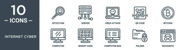 İnternet siber ana hatları simgesi seti ince çizgi saptama, sunucu, virüs saldırısı, qr kodu, bitcoin, bilgisayar, rapor için ikili kod simgeleri, sunum, diyagram, web tasarımı