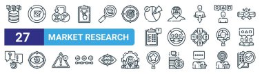Veri, tamamlama, bağımlı, de, demografik, göz takibi, nitel araştırma, web tasarımı için araştırma vektörü ince çizgi simgeleri, mobil uygulama gibi 27 ana hatlı web pazar araştırma ikonu.