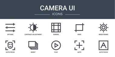 Seçenekler, karşıtlık ayarlama, sınır, kırpma, parlaklık, otomatik odaklanma, rapor için patlama vektör simgeleri, sunum, diyagram, web tasarımı, mobil uygulama gibi 10 ana hatlı ui simgesi kümesi