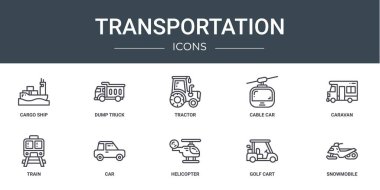Rapor için kargo gemisi, damperli kamyon, traktör, teleferik, karavan, tren, araba vektör simgeleri, sunum, diyagram, web tasarımı, mobil uygulama gibi 10 ana hatlı taşıma simgesi seti