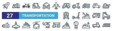 Roket, petrol kamyonu, bisiklet, motosiklet, scooter, jet uçağı, feribot, kargo kamyonu vektör çizgisi ikonu gibi 27 taslak ağ taşıma simgesi, mobil uygulama.