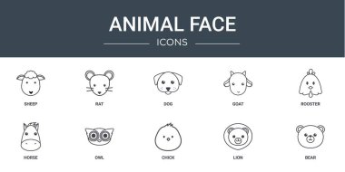 Rapor için koyun, fare, köpek, keçi, horoz, at, baykuş vektör simgeleri, sunum, diyagram, web tasarımı, mobil uygulama gibi 10 ana hatlı hayvan yüzü simgesi seti