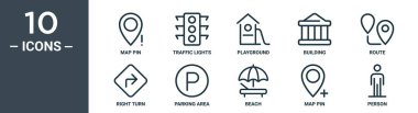 Çizgi simgesi seti ince çizgi harita pin, trafik ışıkları, oyun alanı, bina, rota, sağ dönüş, rapor için park alanı simgeleri, sunum, diyagram, web tasarımı içerir
