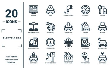 Elektrikli araba doğrusal simgesi seti. ince çizgi monitörü, şarj istasyonu, şarj istasyonu, elektrikli araba, elektrikli araba, düşük pil, rapor için fosil yakıt ikonları, sunum, diyagram, web