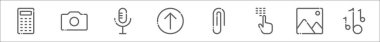 Kullanıcı arayüzü çizgi simgelerinin ana hatları. hesap makinesi, kamera, mikrofon, yükleme, ekleme, tuş takımı, fotoğraf, müzik notası gibi doğrusal vektör simgeleri