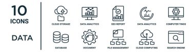 İnce çizgi bulut depolama, silo raporu, bilgisayar bilgileri, belge, bulut hesaplama, arama motoru, rapor için veritabanı simgeleri, sunum, diyagram, web tasarımı gibi veri tabanı simgesi seti