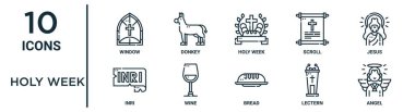 holy week outline icon set such as thin line window, holy week, jesus, wine, lectern, angel, inri icons for report, presentation, diagram, web design clipart