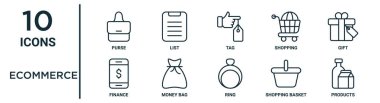 ecommerce ana hat simgesi seti örneğin ince çizgi çanta, etiket, hediye, para çantası, alışveriş sepeti, ürünler, rapor için finans simgeleri, sunum, diyagram, web tasarımı