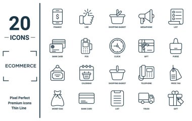 ecommerce doğrusal simge seti. Rapor için ince çizgi finans, banka kartı, para çantası, hediye, saat, fiyat etiketi simgeleri, sunum, diyagram, web tasarımı