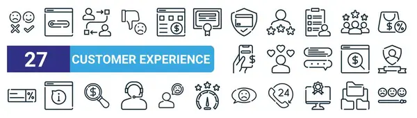 Anket, kaydırma, etkileşim, derecelendirme, müşteri, bilgi, kötü eleştiri, web tasarımı için anket vektörü ince çizgi simgeleri, mobil uygulama gibi 27 ana hatlı web deneyimi simgesi seti.