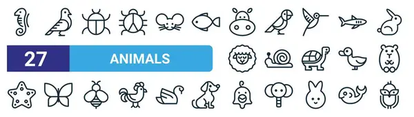 Deniz atı, güvercin, böcek, kakadu, salyangoz, kelebek, tavuk, baykuş vektör ince çizgi simgeleri gibi 27 ana hatlı web hayvan simgesi, mobil uygulama.
