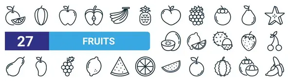 Portakal, yıldız meyvesi, üzüm, limon, mango, karpuz, muz vektörü, web tasarımı için ince çizgi ikonu, mobil uygulama gibi 27 ana hatlı web meyve ikonu.