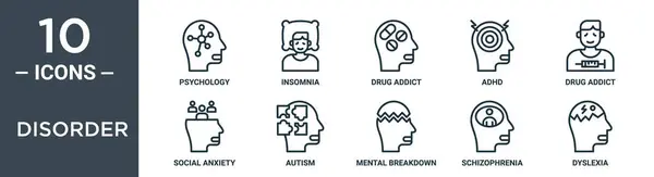 Bozukluk özet seti ince çizgi psikolojisi, uykusuzluk, uyuşturucu bağımlısı, adhd, uyuşturucu bağımlısı, sosyal anksiyete, rapor için otizm ikonları, sunum, diyagram, web tasarımı