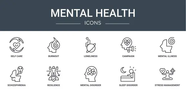 Kişisel bakım, tükenme, yalnızlık, kampanya, akıl hastalığı, şizofreni, rapor, sunum, diyagram, web tasarımı gibi 10 ana hatlı zihinsel sağlık ikonu seti,