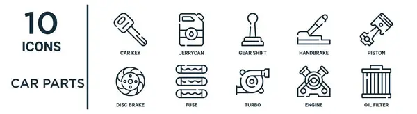 Rapor için ince çizgi araba anahtarı, vites kayması, piston, fünye, motor, yağ filtresi, disk fren simgeleri, sunum, diyagram, web tasarımı gibi araç parçaları ana hatları simgesi seti