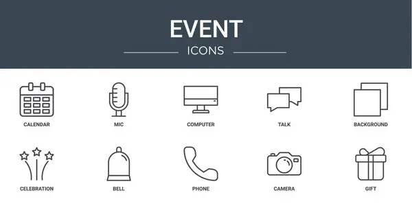 Conjunto Iconos Del Evento Web Esquema Como Calendario Micrófono Ordenador — Vector de stock