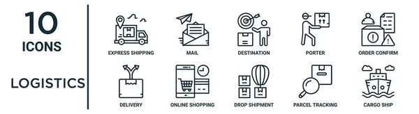 ロジスティクスアウトラインアイコンセット 薄いラインエクスプレス出荷 目的地 注文確認 オンラインショッピング 小包追跡 貨物船 レポート プレゼンテーション Webデザインのための配達アイコン — ストックベクタ