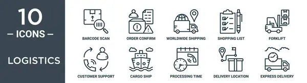 物流概要图标集包括细线条形码扫描 订单确认 全球航运 购物清单 客户支持 用于报告 网页等的货船图标集 — 图库矢量图片