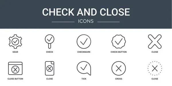Conjunto Contorno Web Check Cerrar Iconos Como Engranaje Cheque Marca — Vector de stock