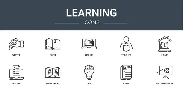 Set Outline Web Learning Icons Writer Book Online Teacher Home — Stock Vector