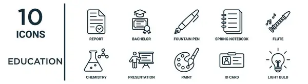 Education Outline Icon Set Thin Line Report Fountain Pen Flute — Stock Vector