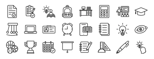Set Outline Web Education Icons Report Exam Learning Backpack Desk — Stock Vector