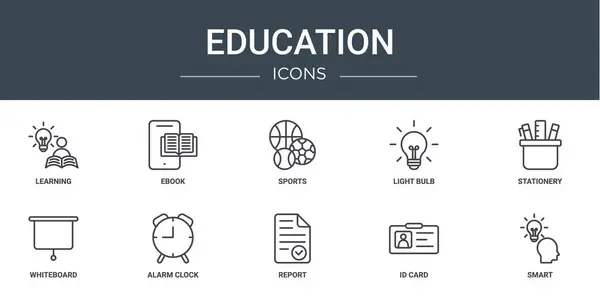 Σύνολο Εικονίδια Περίγραμμα Web Εκπαίδευση Όπως Μάθηση Ebook Αθλήματα Λάμπα — Διανυσματικό Αρχείο