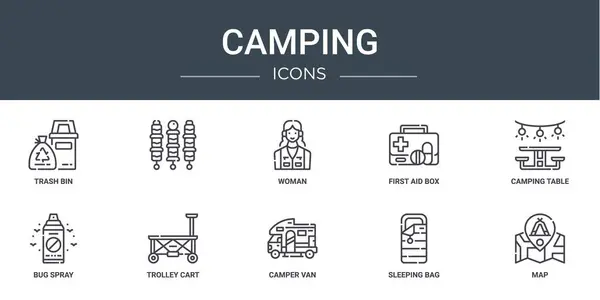 Σύνολο Περίγραμμα Εικονίδια Web Camping Όπως Κάδο Απορριμμάτων Γυναίκα Κουτί — Διανυσματικό Αρχείο