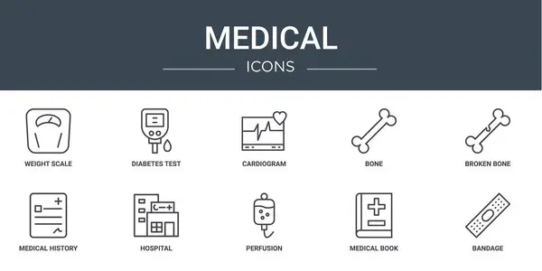 Набір Контурних Веб Медичних Іконок Таких Вага Діабетний Тест Кардіограма — стоковий вектор