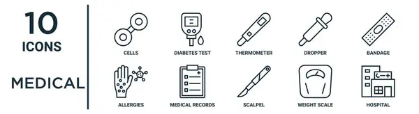 細い線細胞 温度計 医療記録 重量スケール レポート プレゼンテーション Webデザインのためのアレルギーアイコンのような医学の輪郭アイコンセット — ストックベクタ