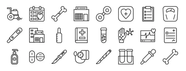 車椅子 医療任命 フェイシャル 医療アプリ レポート プレゼンテーション Webデザイン モバイルアプリのためのベクターアイコンを記録する24の概要ウェブ医療アイコンのセット — ストックベクタ
