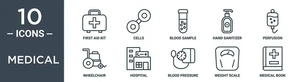 Conjunto Iconos Esquema Médico Incluye Kit Primeros Auxilios Línea Delgada — Archivo Imágenes Vectoriales