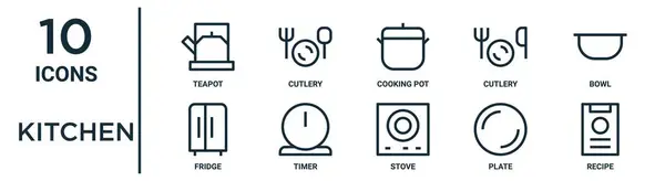 キッチンアウトラインアイコンセット薄いラインティーポット 調理ポット ボウル タイマー プレート レシピ レポート プレゼンテーション Webデザインのための冷蔵アイコン — ストックベクタ