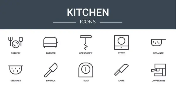 Σύνολο Περίγραμμα Εικονίδια Κουζίνα Web Όπως Μαχαιροπήρουνα Τοστιέρα Τιρμπουσόν Κουζίνα — Διανυσματικό Αρχείο