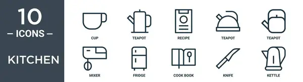 キッチンアウトラインアイコンセットには 薄いラインカップ ティーポット レシピ ティーポット ティーポット ミキサー レポート プレゼンテーション Webデザインのための冷蔵アイコンが含まれています — ストックベクタ