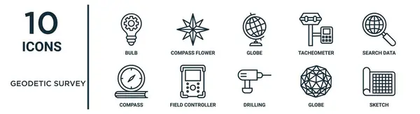 stock vector geodetic survey outline icon set such as thin line bulb, globe, search data, field controller, globe, sketch, compass icons for report, presentation, diagram, web design