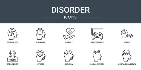 Psikoloji, Alzheimer, terapi, oyun konsolu, içine çek, uyuşturucu bağımlısı, rapor için stres vektör simgeleri, sunum, diyagram, web tasarımı, mobil uygulama gibi 10 ana hatlı web bozukluk simgesi seti