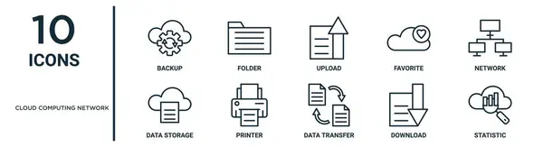 Cloud Computing Network Outline Icon Set Thin Line Backup Upload — Stock Vector