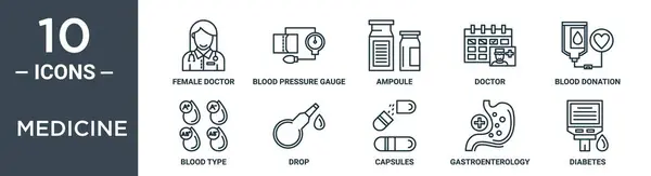 医学の概要のアイコン セットは薄いライン女性の医者 血圧計 アンプル 血のタイプ レポート ウェブ設計のためのアイコンをドロップします — ストックベクタ