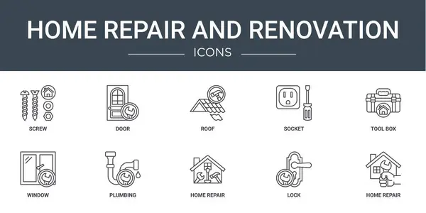 Set Outline Web Home Repair Renovation Icons Screw Door Roof — Stock Vector